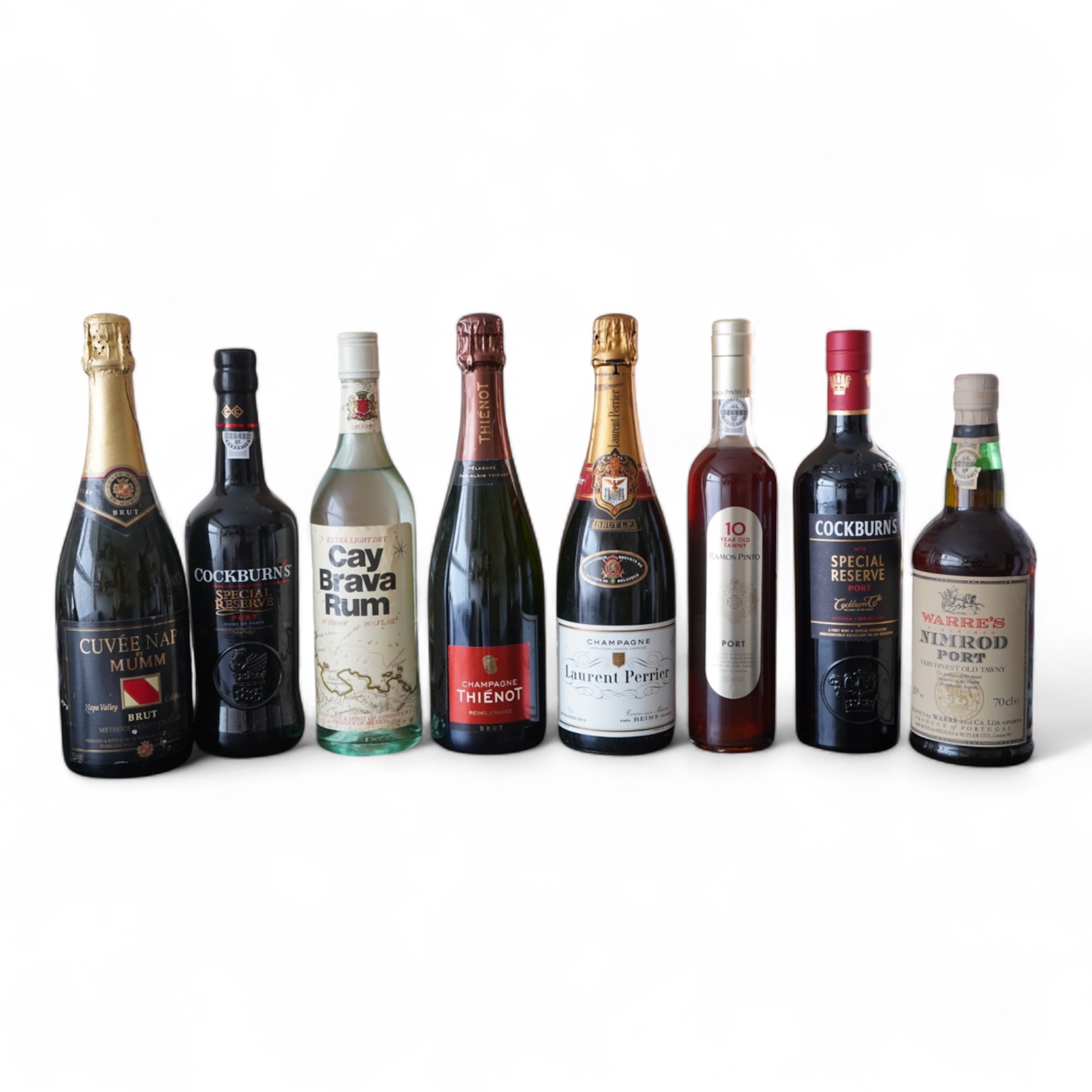 Eight bottles of champagne, port and rum to include Mumm, Laurent Perrier and Warres